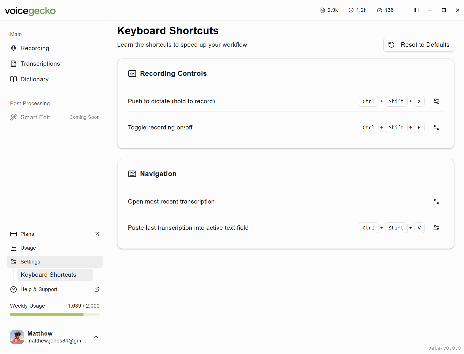 VoiceGecko keyboard shortcuts settings
