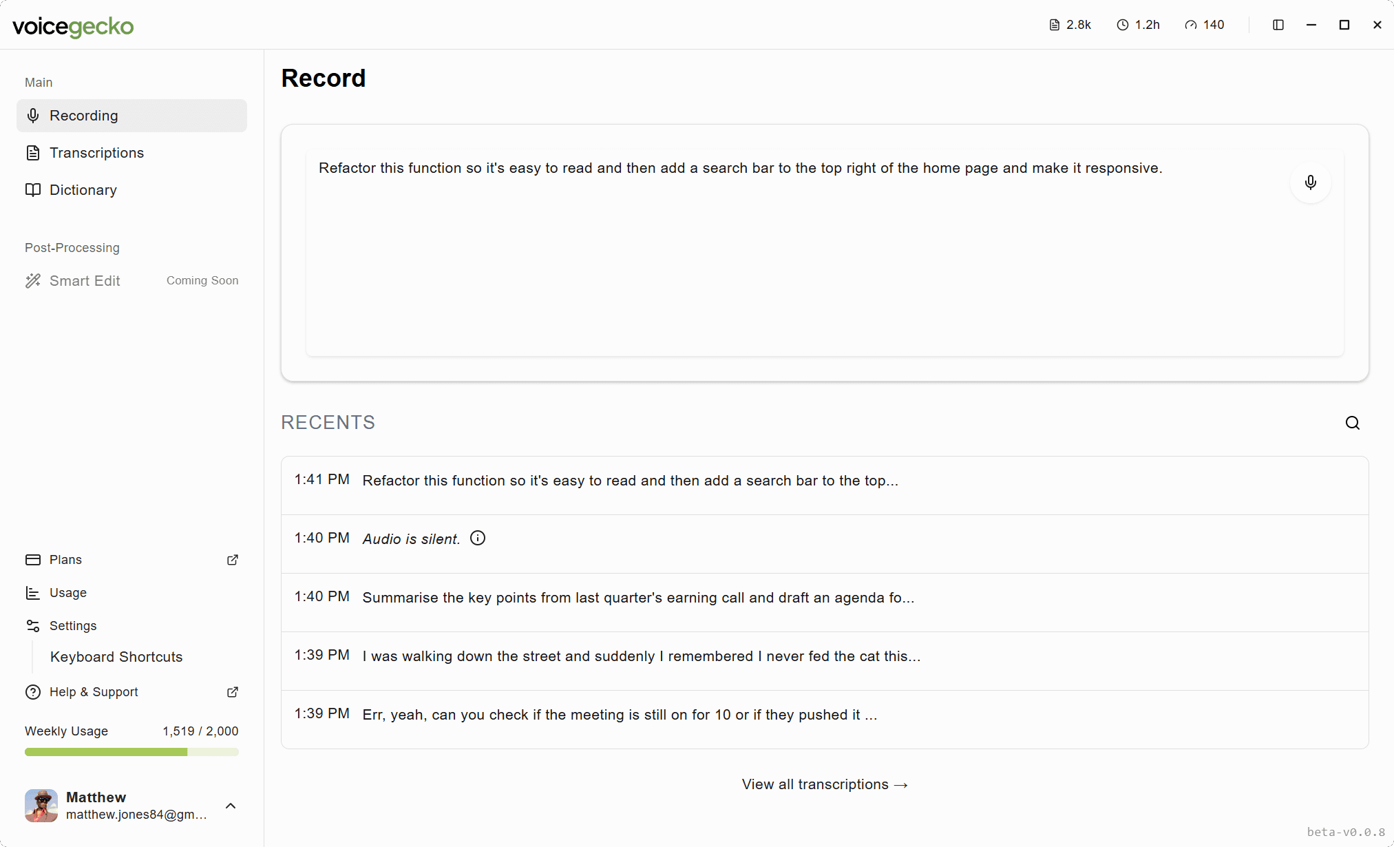 VoiceGecko desktop app showing the dictation interface
